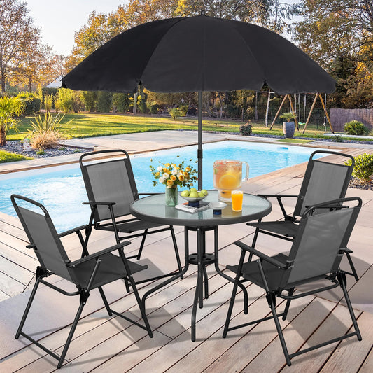 Vongrasig 6 Piece Folding Patio Dining Set,Small Metal Outdoor Garden Patio Table and Chair Set w/Umbrella for Lawn,Deck,Backyard,Black