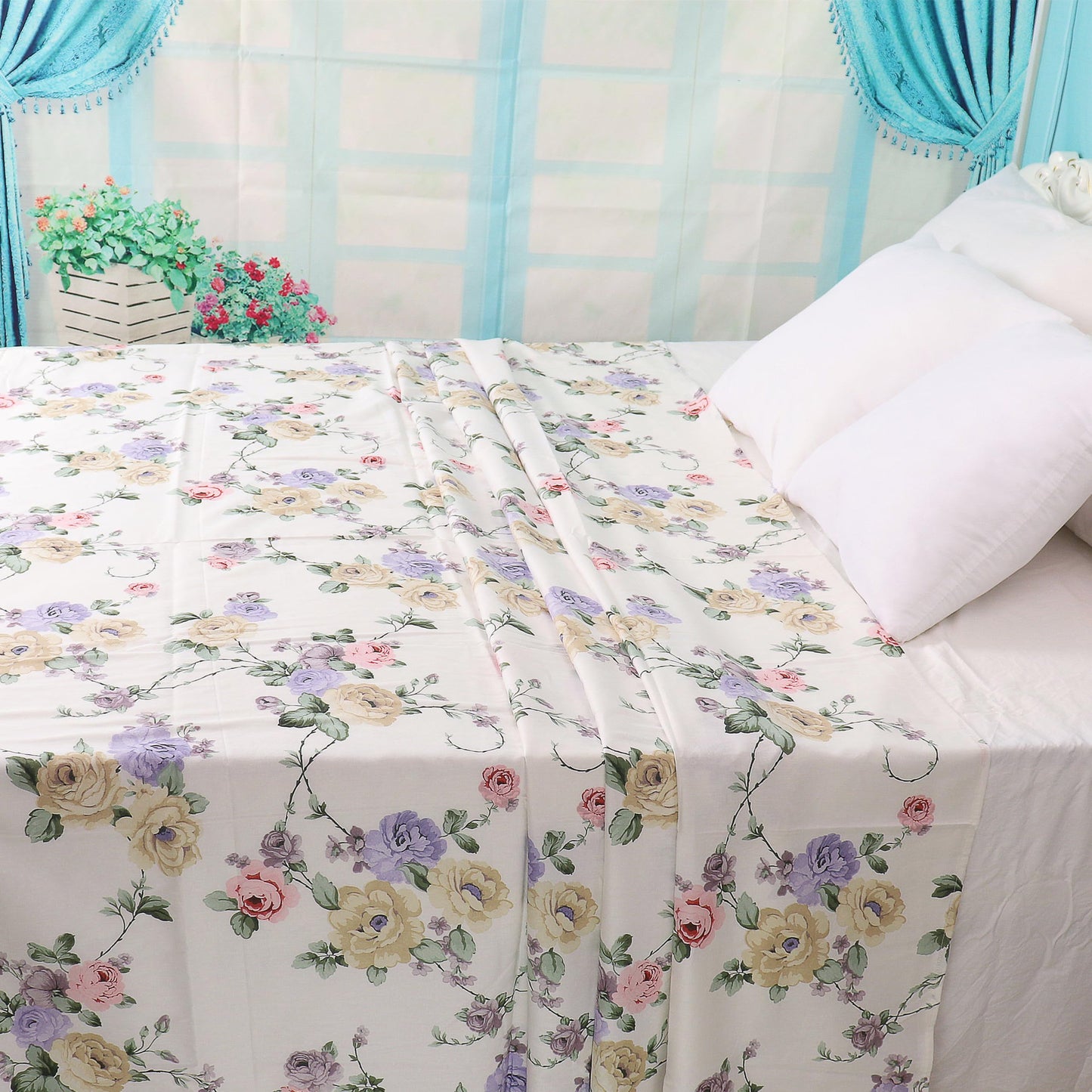 White Twin XL Size Flat Bed Sheet 100% Cotton Floral Printed Top Flat Sheet Only Machine Washable Top Sheets for Bed