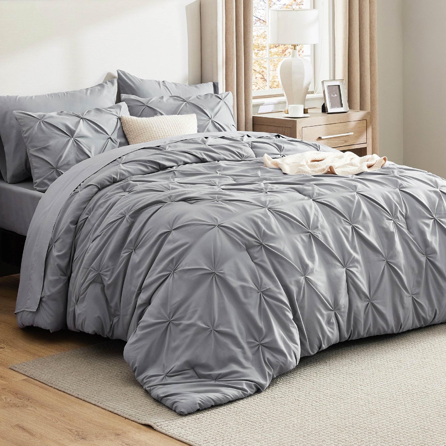 Bedsure California King Comforter Set - Cal King Bed Set 7 Pieces, Pinch Pleat Grey Cali King Bedding Set with Pintuck Comforter, Sheets, Pillowcases & Shams