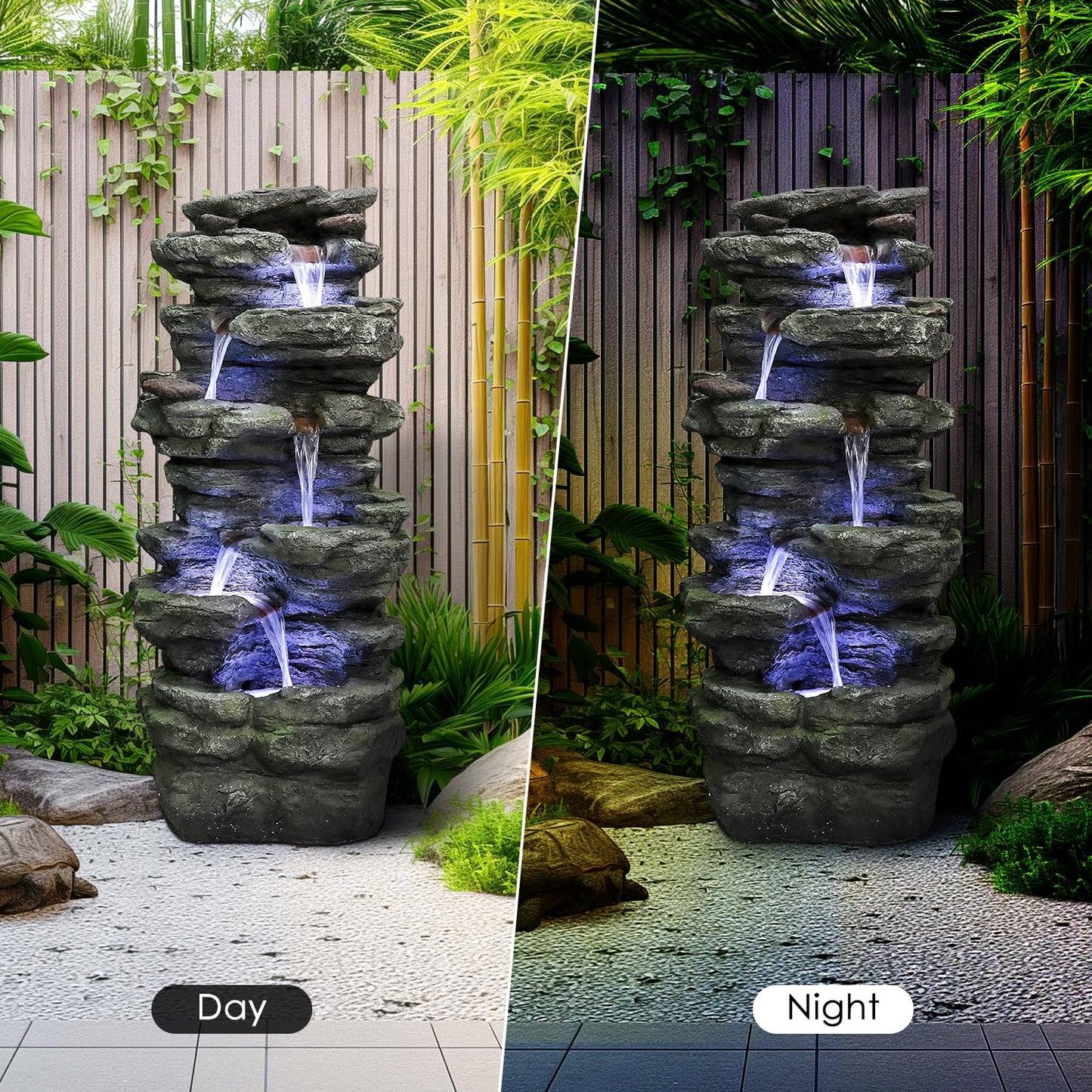 SunJet 40" High 6-Tiers Cascading Rock Outdoor Water Fountain with LED Lights - Large Outdoor Fountains and Waterfalls for Garden or Patio, Yard, and Deck Decor, Featuring Natural Stone Look