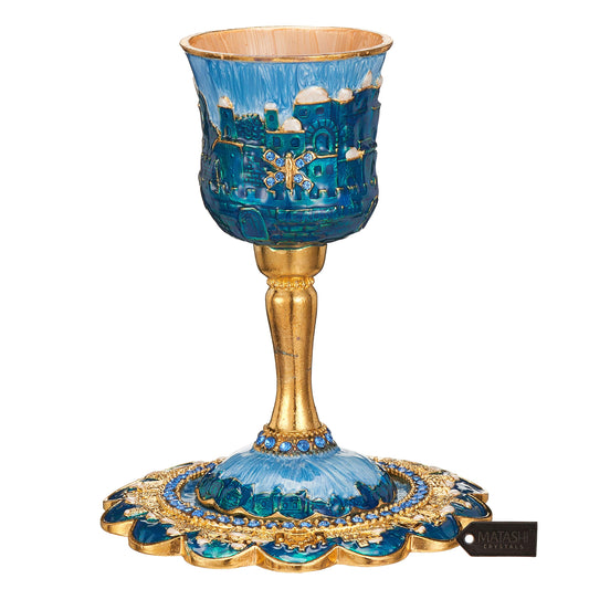 Matashi Hand-Painted Enamel Tall 5" Kiddush Cup Set with Stem and Tray Embellished with Crystals, Jerusalem Cityscape for Weddings Shabbat Havdalah Passover Goblet Judaica Gift