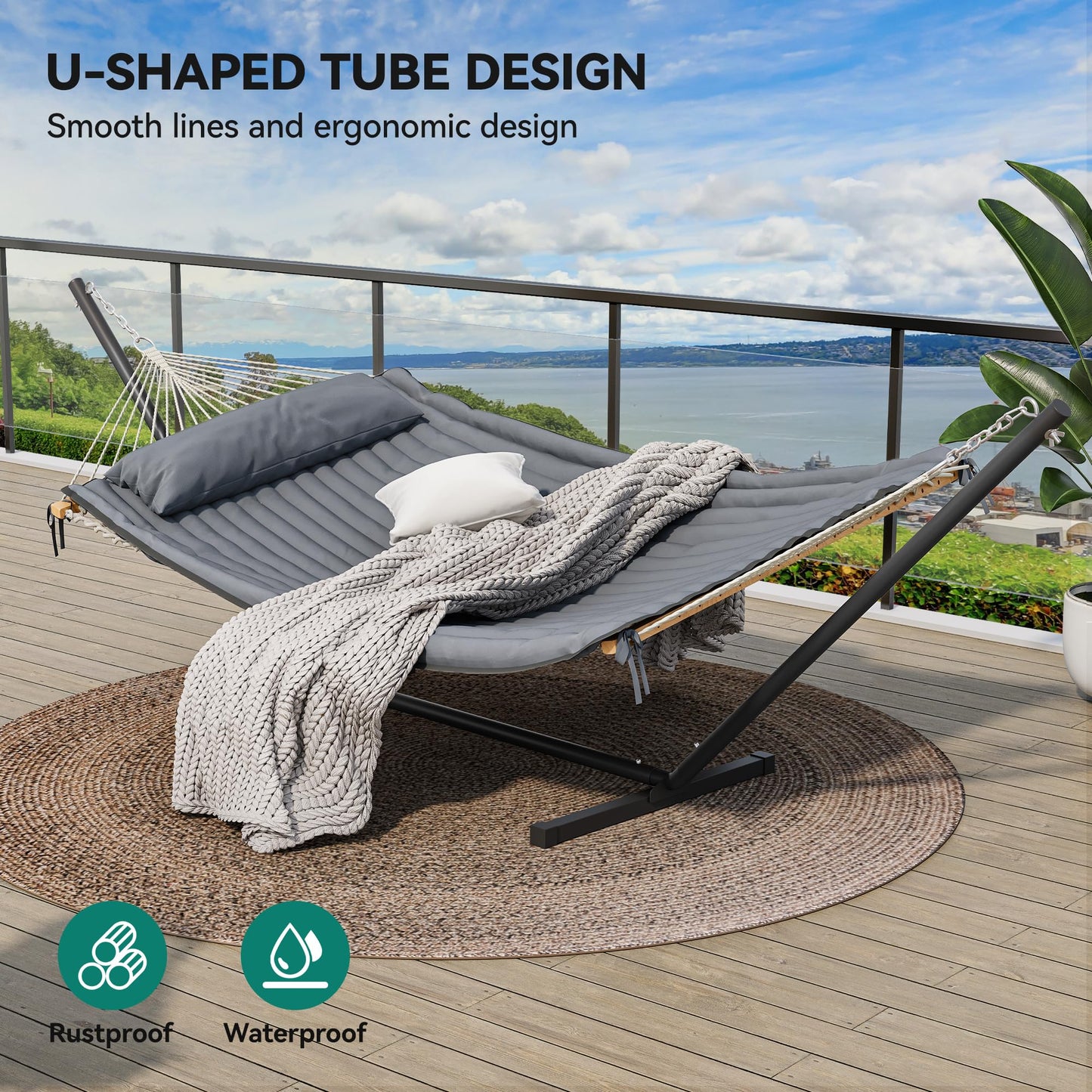 YITAHOME Hammock with Stand Included Hammock Heavy Duty Hammocks with 12FT Steel Stand Waterproof Portable Hammock with Pillow 450lbs for Outdoors,Backyard, Patio-Gray