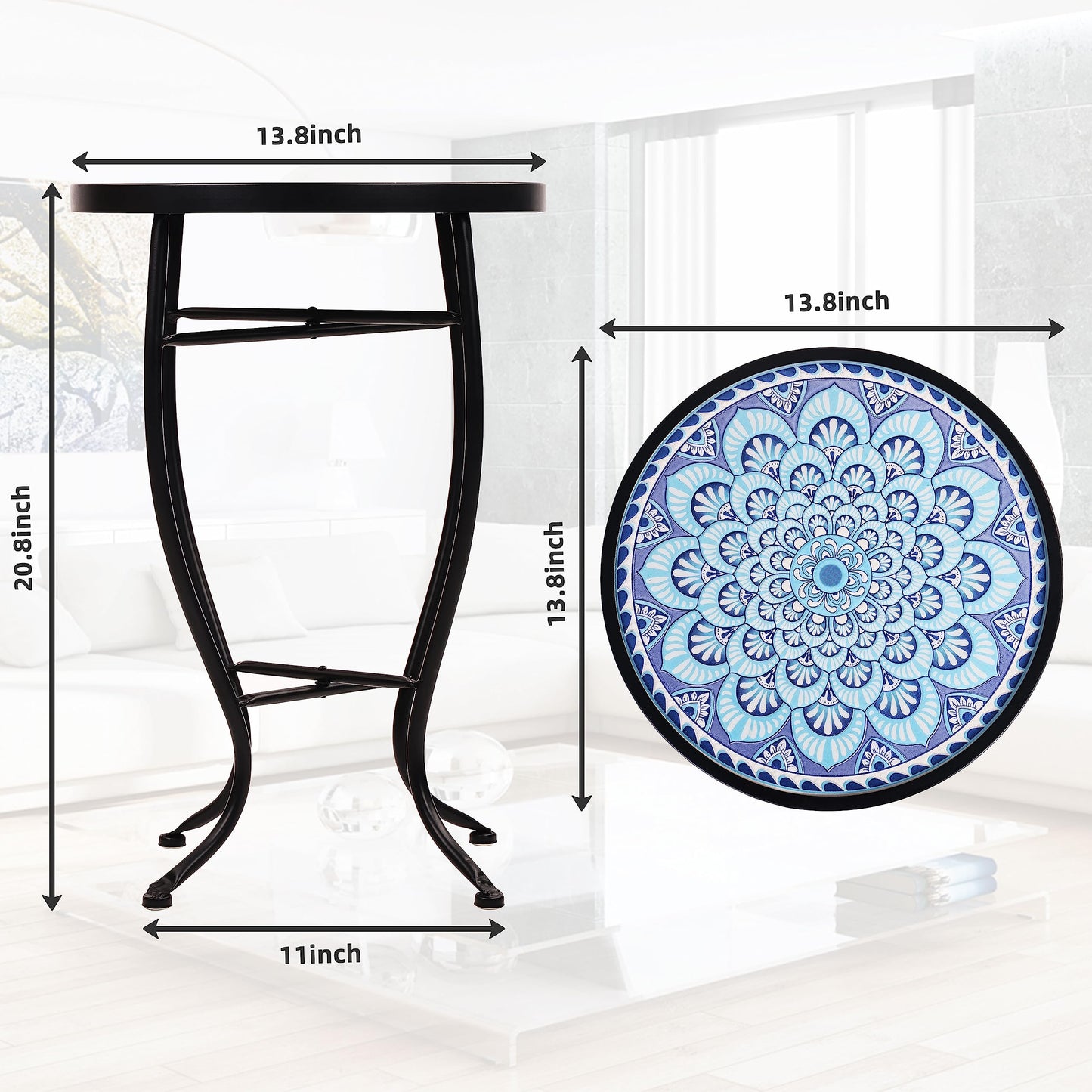 Elevon 14 Inch Round Side Ceramic Tile Top Indoor and Outdoor Accent Table, Sun