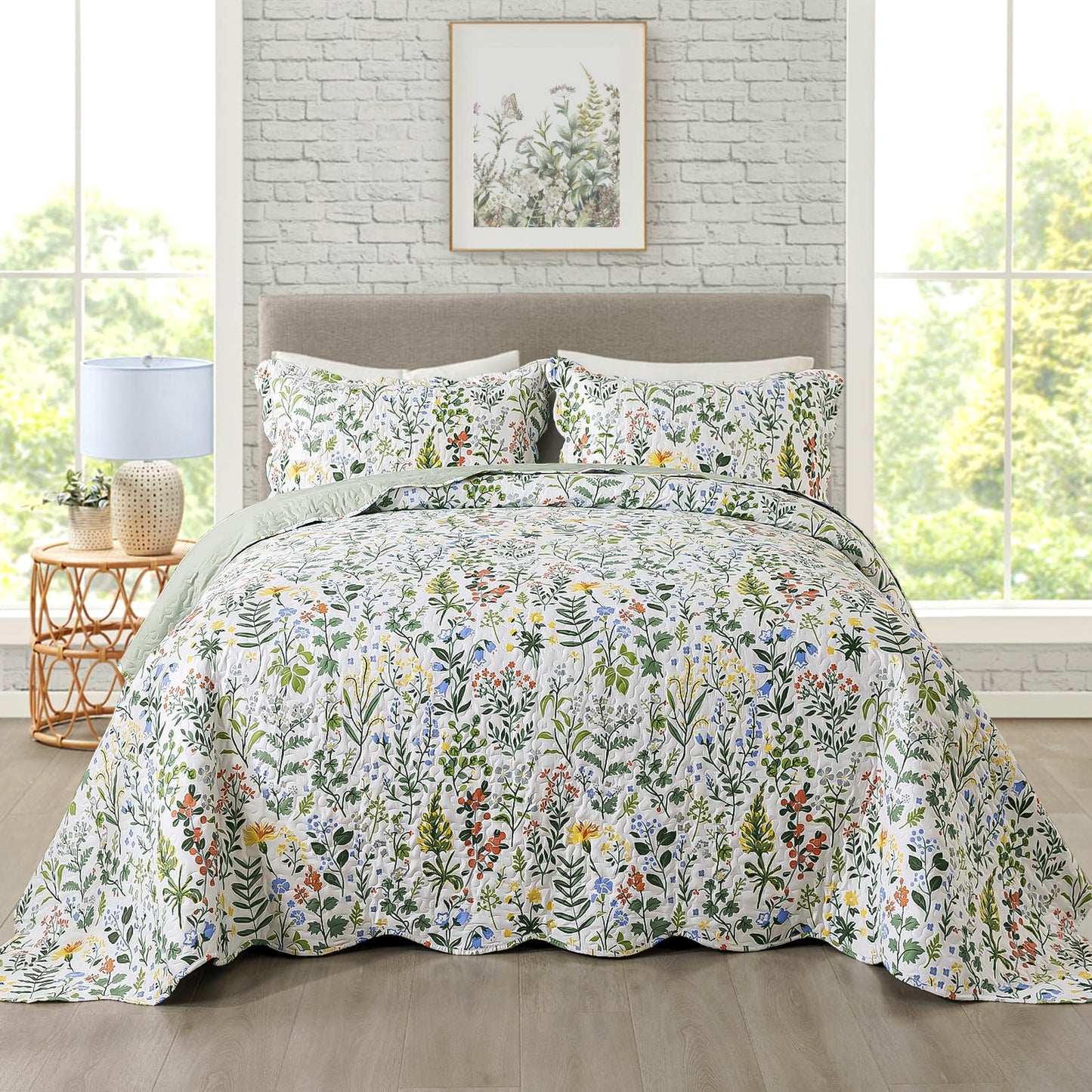 Travan 3-Piece Quilt Set Quilted Bedspread Lightweight Coverlet Set Garden Style Floral Printed Oversized Quilted Bedding Set with Shams for All Season, Exquisite, Queen Size