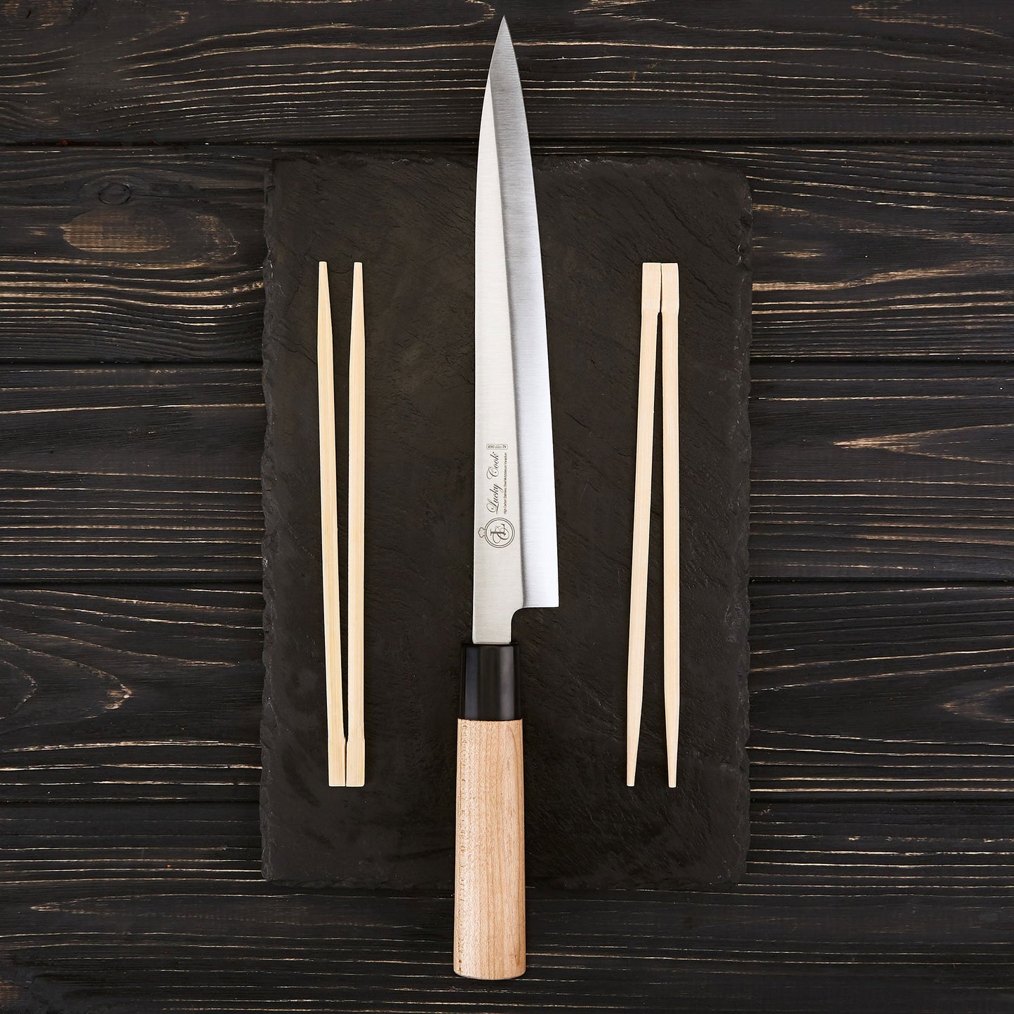 Lucky Cook Sashimi Sushi Knife 10 Inch - Knife For Cutting Sushi & Sashimi, Fish Filleting & Slicing - Very Sharp Stainless Steel Blade & Traditional Wooden Handle + Gift Box