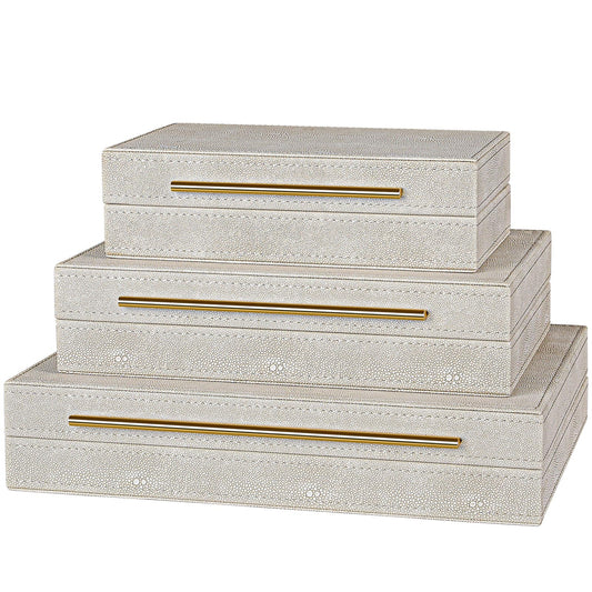 Elegant Set of 3 Ivory Shagreen Decorative Boxes with Velvet Lining and Golden Handles - Versatile Home Decor and Jewelry Organizer