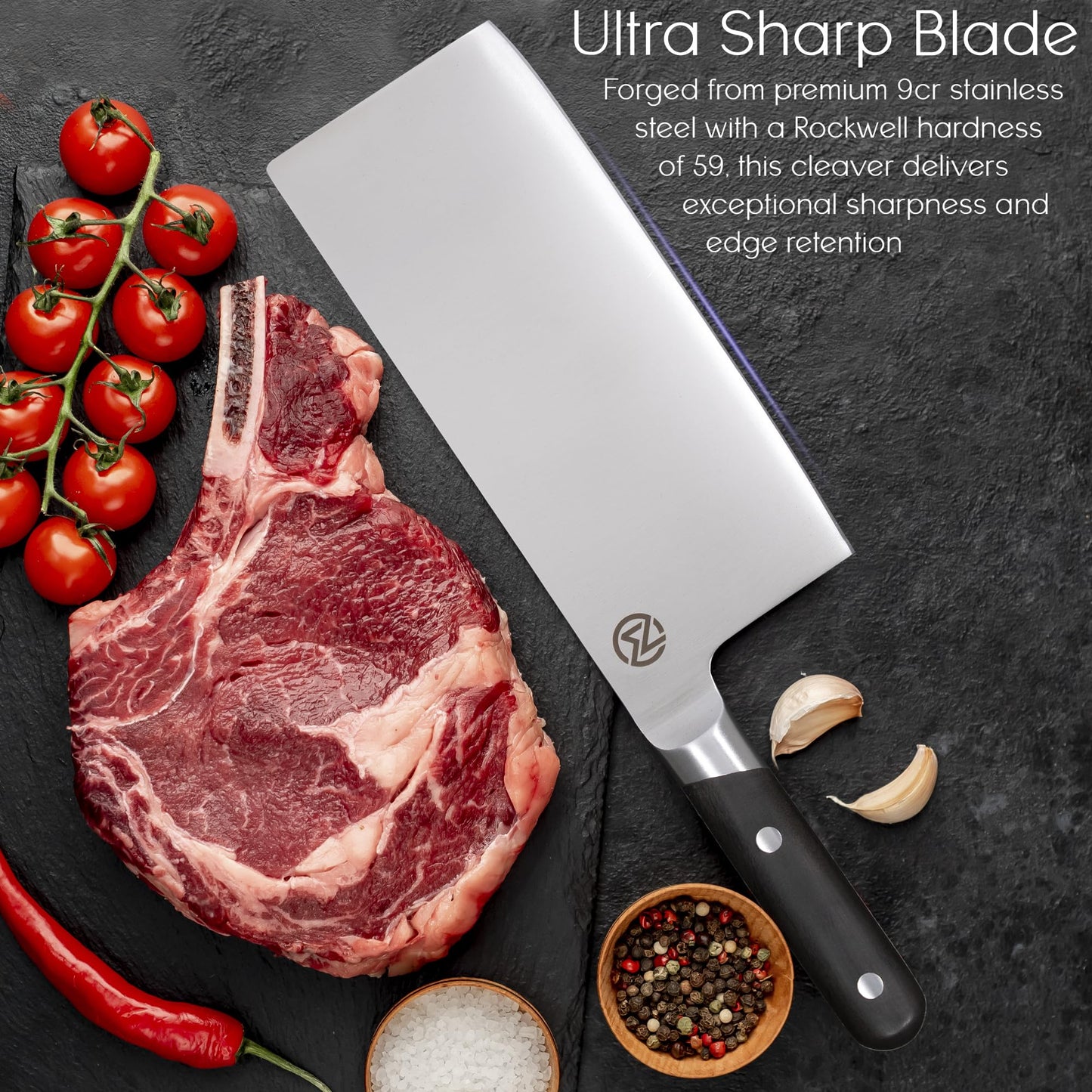 Nomware 8” Vegetable Cleaver, 59 Rockwell Hardness, 9cr Stainless Steel, Chacate Preto Wood Handle