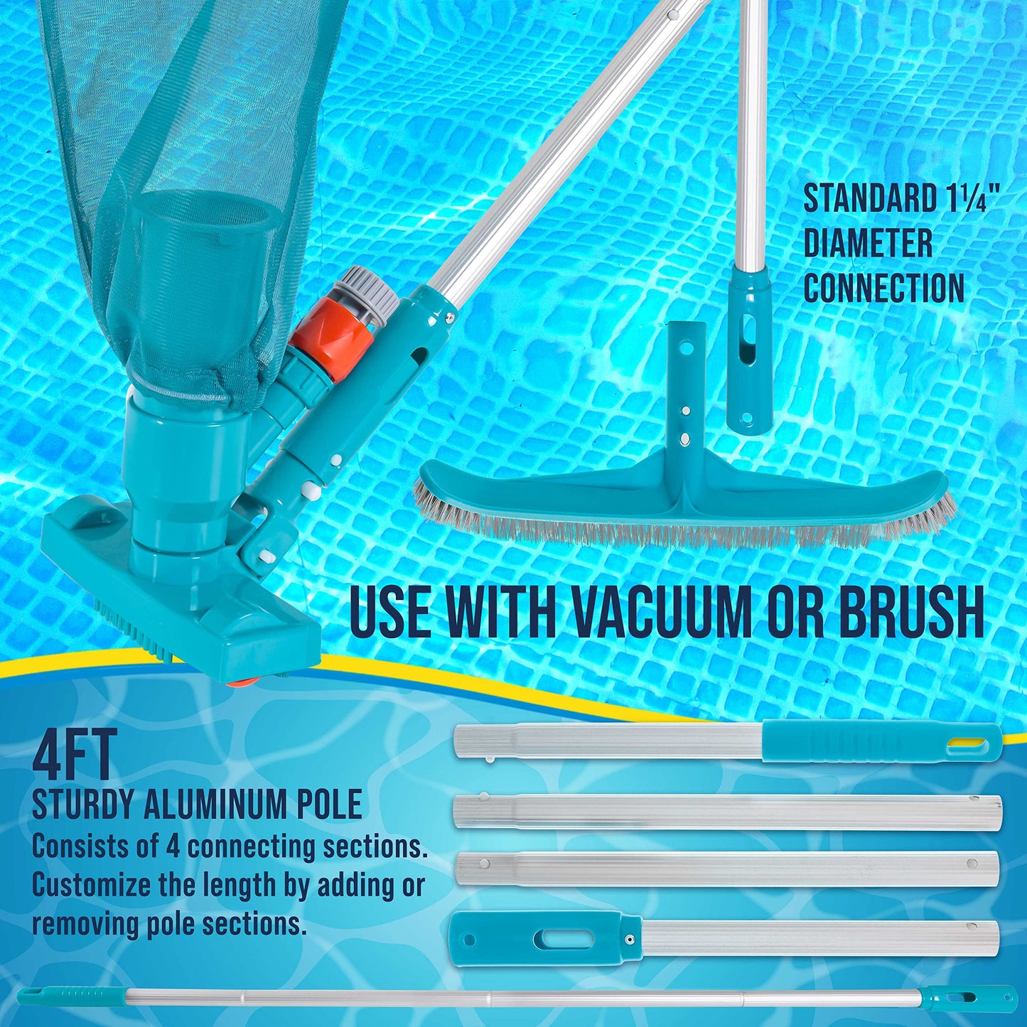 U.S. Pool Supply Deluxe Swimming Pool Maintenance Kit with Deluxe Jet Vacuum, 16" Floor & Wall Scrub Brush, Adjustable Telescopic Pole - Clean Remove Leaves & Debris, Above-Ground In-Ground Pools Spa