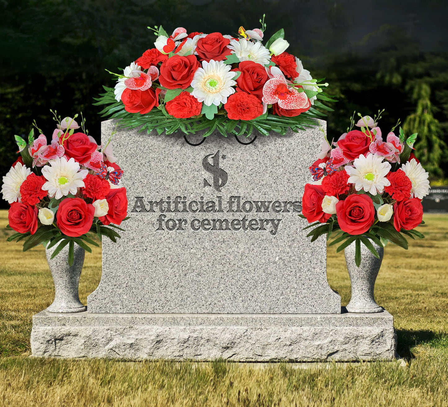 Saxili Cemetery Flower for Spring Grave Decoration, Artificial Headstone Flower Saddle，Graveside Memorial Arrangement，Non-Bleed Colors