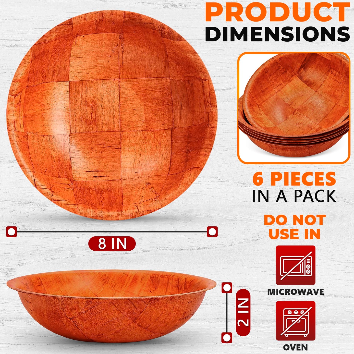 6Pcs Wooden Salad Bowl Set - Decorative Bowls for Kitchen Large Serving Bowls for Entertaining Small Snack Bowls Set Soup - 8 Inch Fruit Bowl for Kitchen Counter Salad Bowls Christmas Serving Bowl Set