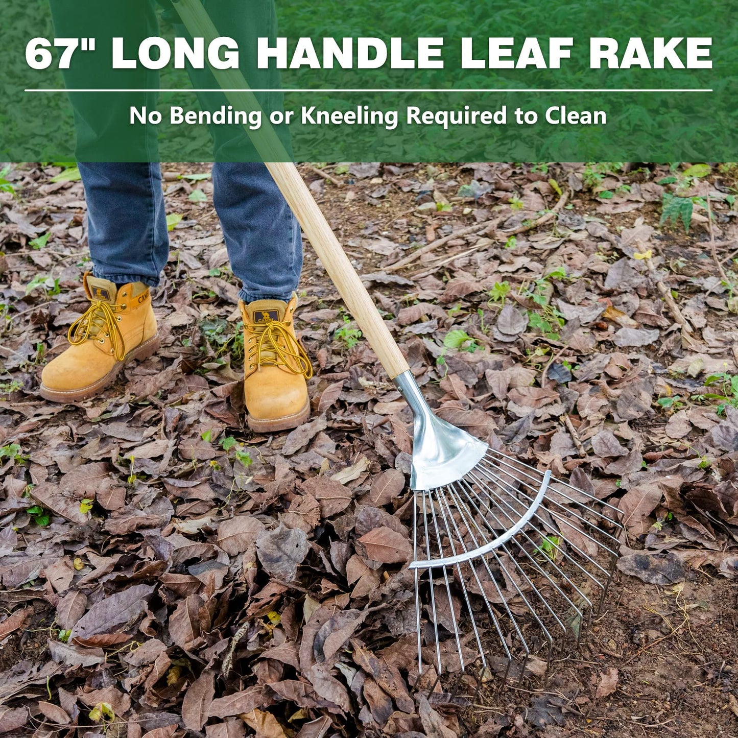 67" Long Handle Leaf Rake, Berry&Bird 16 Tines Garden Rake for Leaves, Heavy Duty Stainless Steel Shrub Rake, 17" Wide Leaves Rake with Wooden Handle for Garden, Lawn, Yard, Flowers Beds, Roof, Bushes