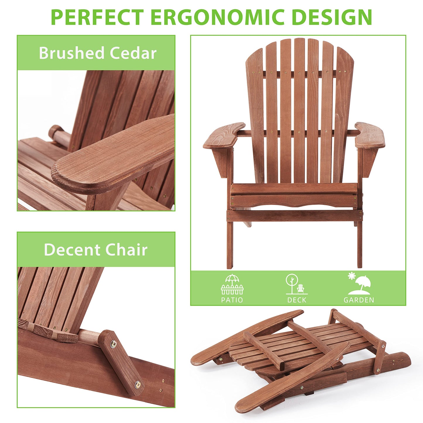 Outdoor Wooden Folding Adirondack Chair Set of 2 with Pre-Assembled BackRest, Wood Patio Chair for Garden Backyard Porch Pool Deck Firepit