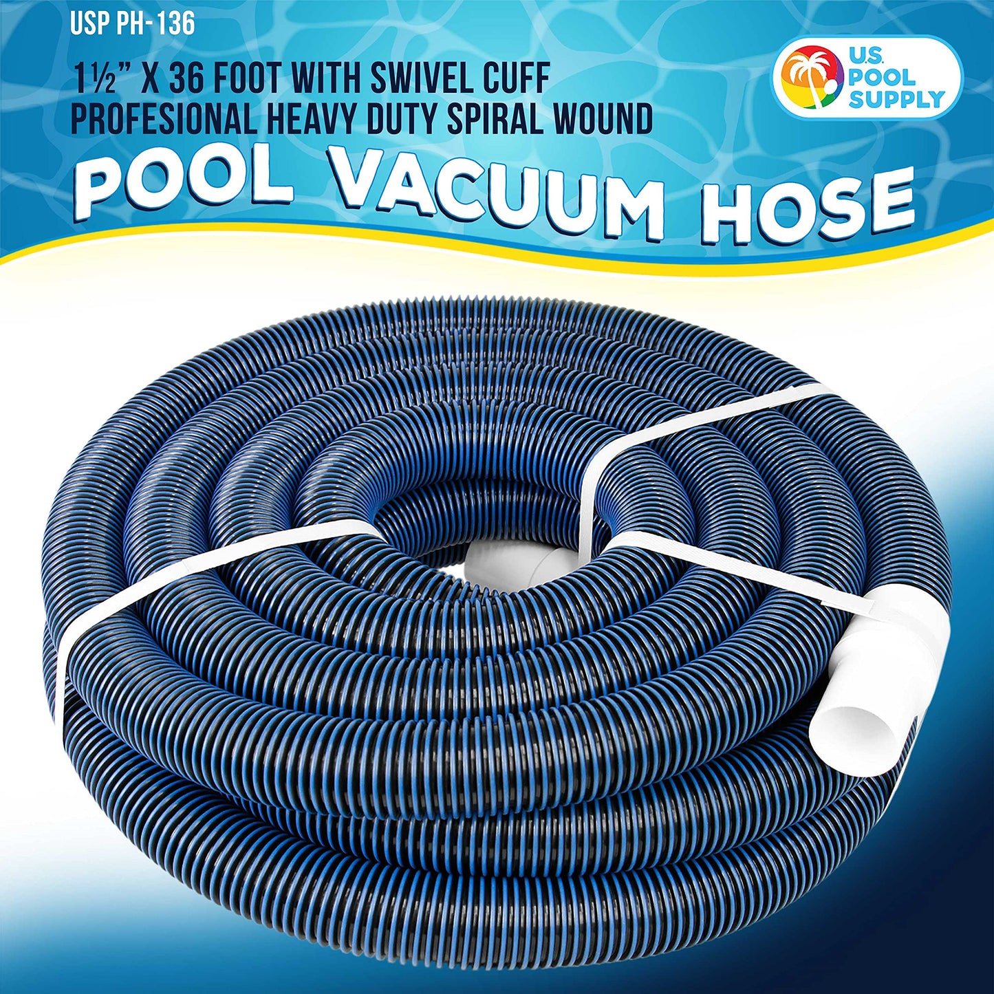 U.S. Pool Supply 1-1/2" x 36 Foot Professional Heavy Duty Spiral Wound Swimming Pool Vacuum Hose with Kink-Free Swivel Cuff, Flexible - Connect to Vacuum Heads, Skimmer, Filter Pump Inlet, Accessories