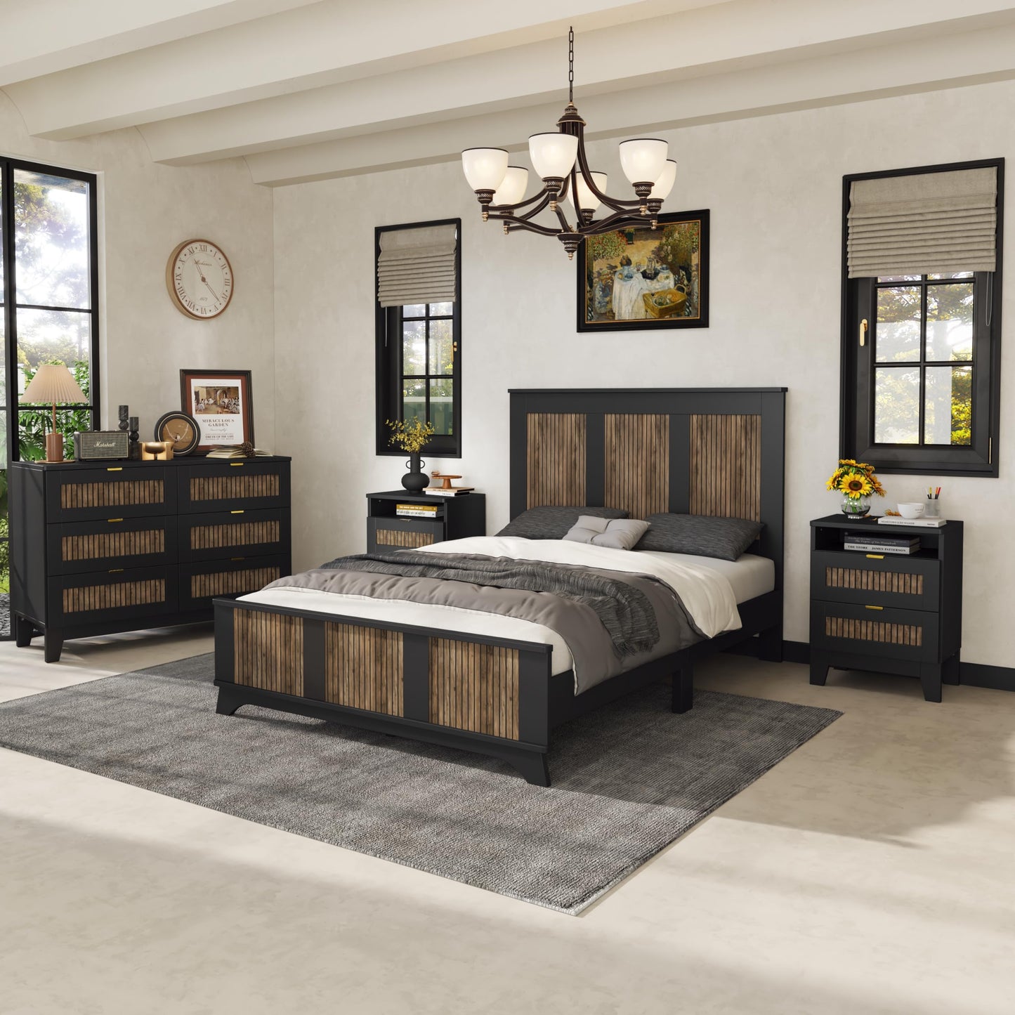 Harper & Bright Designs 4-Pieces Bedroom Sets, Full Size Platform Bed with 2 Nightstands and A 6-Drawer Dresser, Full Size Bedroom Set with Wooden Strip Decoration, Black