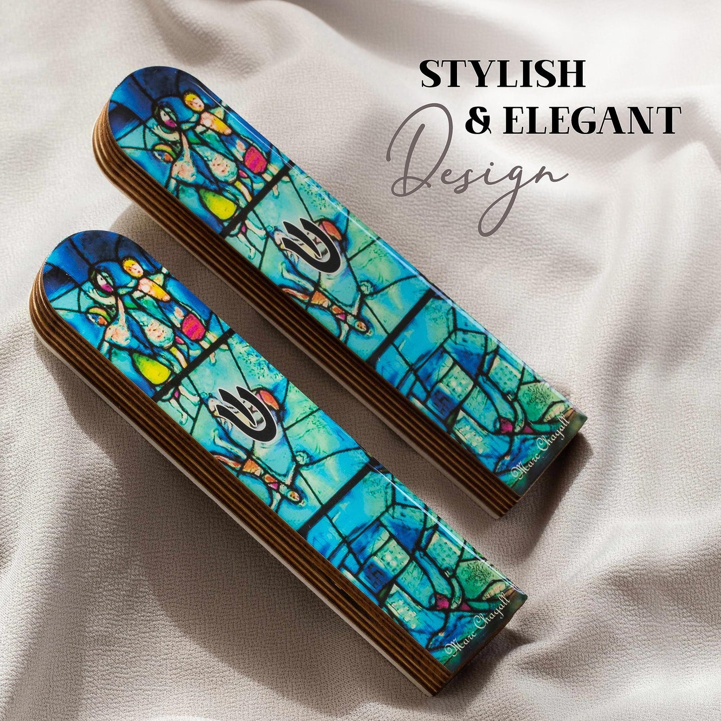 Wooden Mezuzah for Door | Contemporary 5 Inch Mezuzah Case with Non Kosher Scroll | Self Stick Mezuzahs for Easy Installation | Judaica Turquoise Chagall-Inspired Design, Packaged in a Gift Box