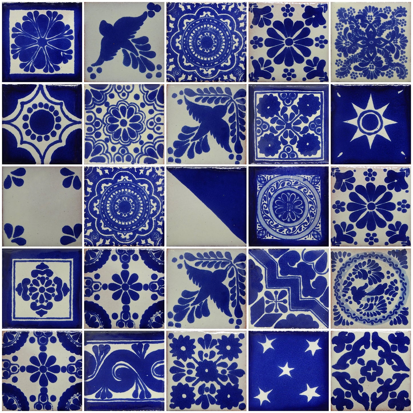 25 Hand Painted Decorative Talavera Mexican Tiles 2"x2" White and Blue