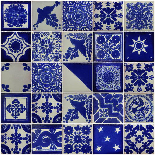 25 Hand Painted Decorative Talavera Mexican Tiles 2"x2" White and Blue