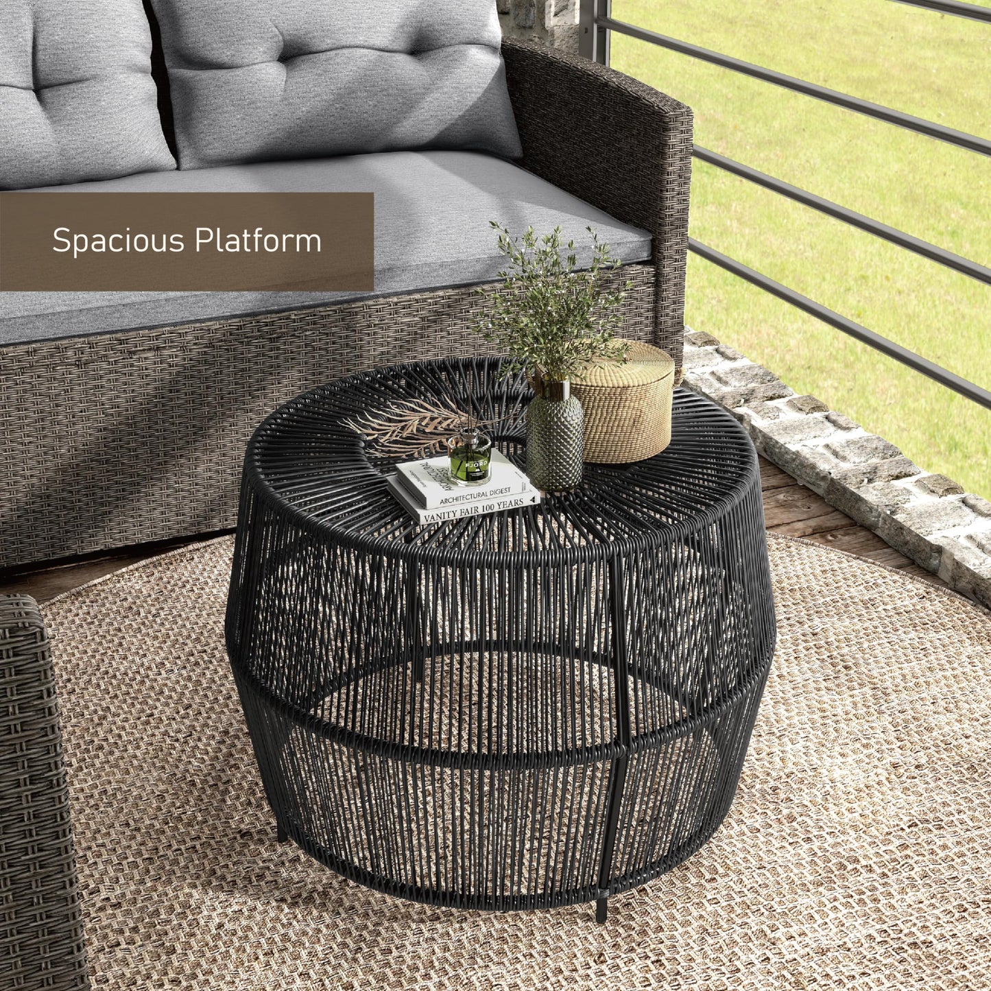 Muse & Lounge Co. Ysar Boho Rattan Round Coffee Table Outdoor with Metal Frame, All-Weather and Rust Resistant, Handcrafted Coastal Furniture for Patio, Poolside, Garden, Yard, Black