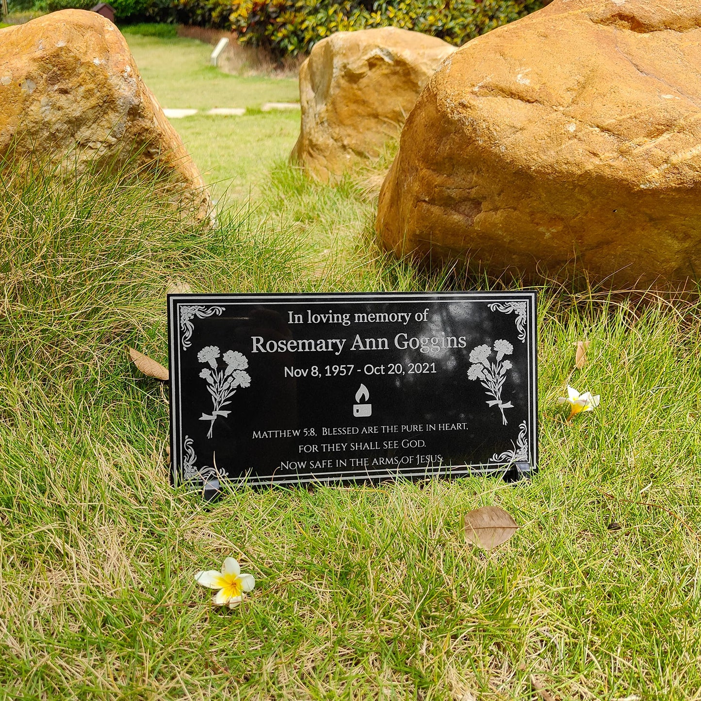 Personalized Human Memorial Stone,Grave Memorial,Headstone for Graves,Grave Decorations for Cemetery,Outdoor Memorial Plaque,Memorial Garden Stones (12inch, Carnation)