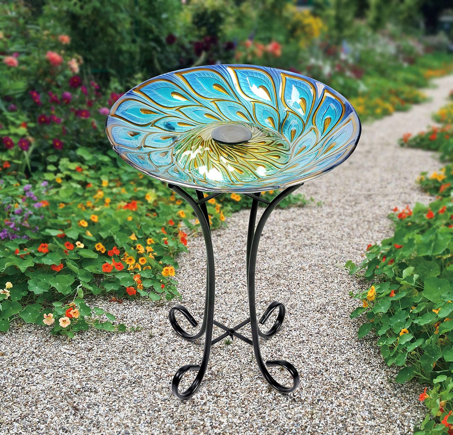 Hi-Line Gift 78415-E Solar Glass Peacock Feathers Bird Bath with Stand,Blue/Gold