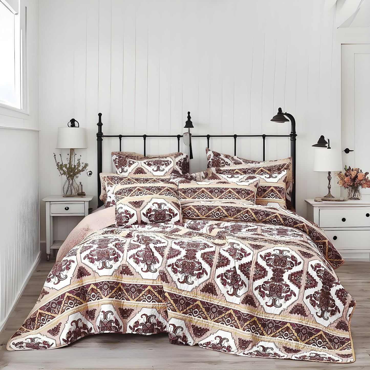 DaDa Bedding Baroque Quilted Bedspread Set - 3-Piece, Southwestern Paisley Reversible Comforter, Burgundy & Rose Pink - Full Size