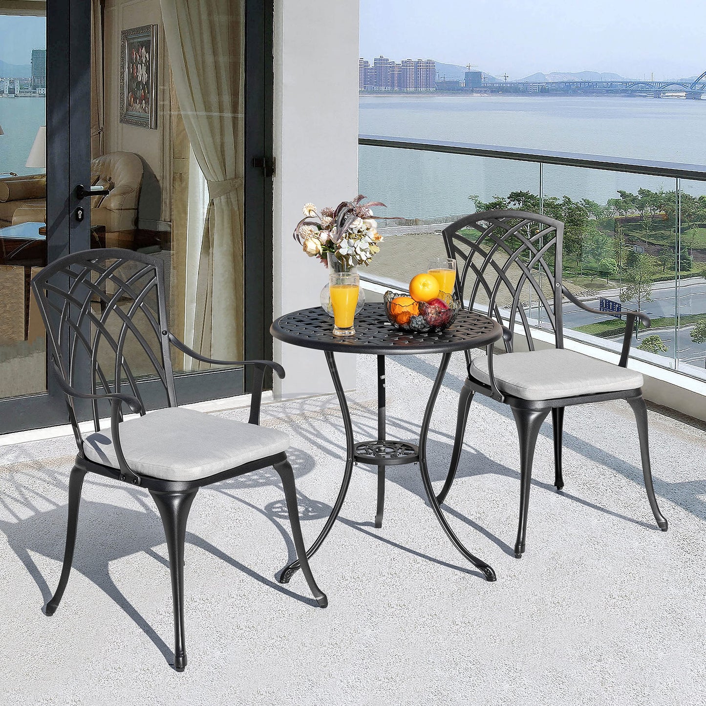 NUU GARDEN 3 Piece Bistro Table Set Cast Aluminum Outdoor Patio Furniture with Umbrella Hole and Grey Cushions for Patio Balcony, Black