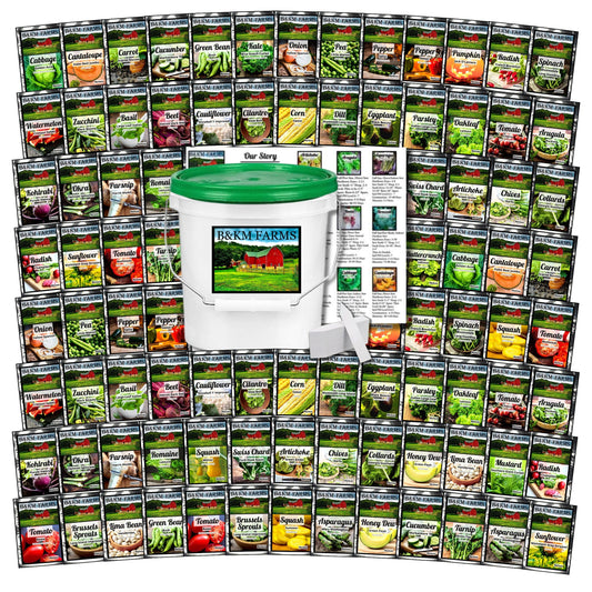 100 Seed Packets, 50 Different Vegetable & Fruit Seeds. 100,000 Individual Seeds for Long-Term Storage & Future Growing Seasons for Your Easy to Grow Garden. by B&KM Farms