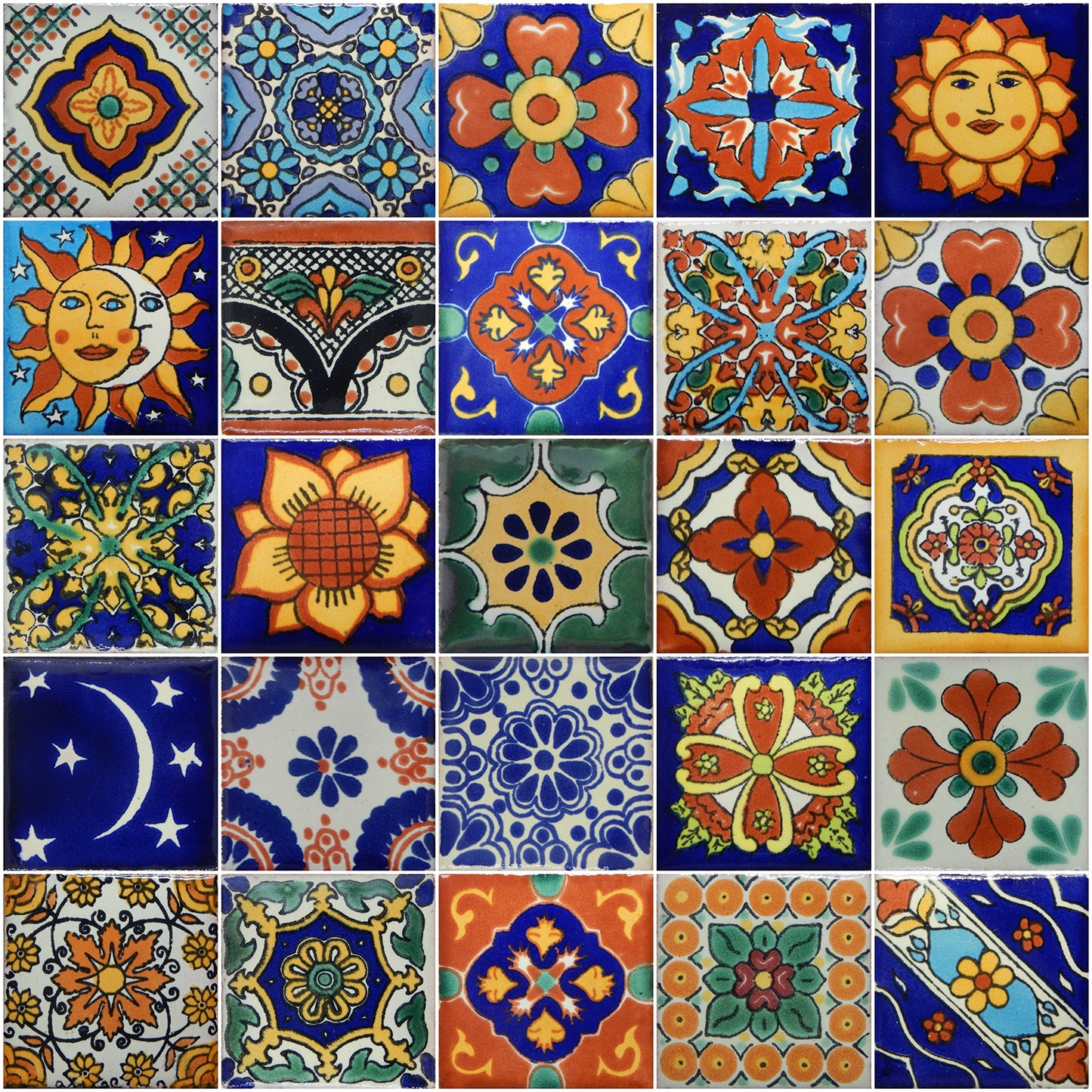 COLOR Y TRADICIÓN 50 Hand Painted Decorative Talavera Mexican Tiles 2"x2"