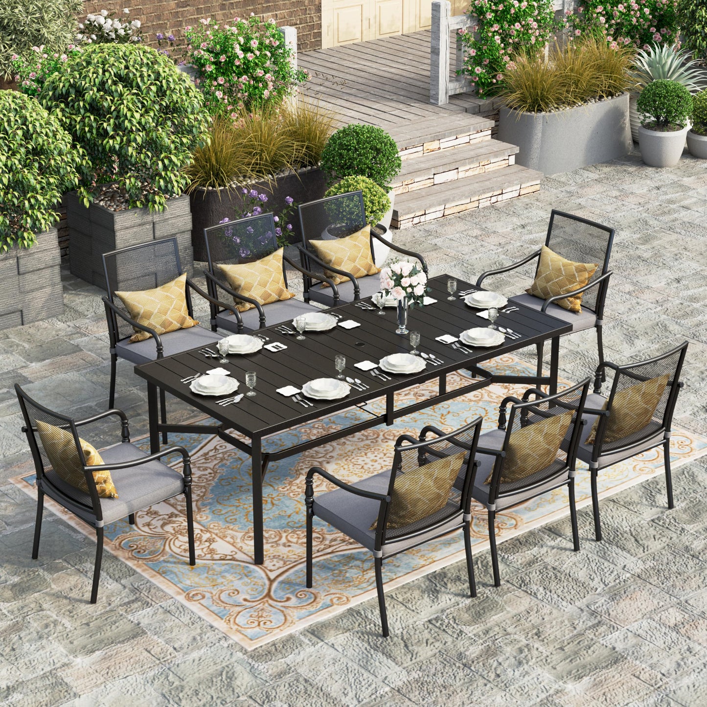 HERA'S HOUSE Patio Dining Set Outdoor Furniture, 83" Rectangle Table with 8 Cushioned Armrest Chairs, 8 Person Patio Table and Chairs for Backyard Garden Lawn