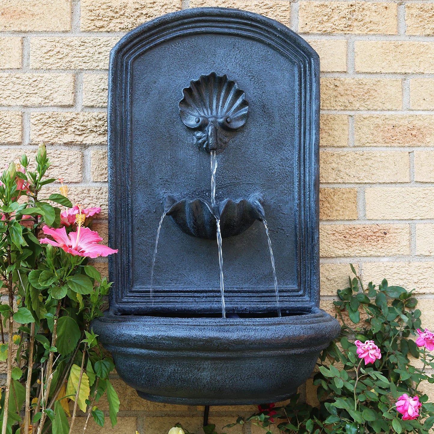 Sunnydaze Seaside 27-Inch Polystone Outdoor Wall Fountain - Electric Submersible Pump - Lead Finish