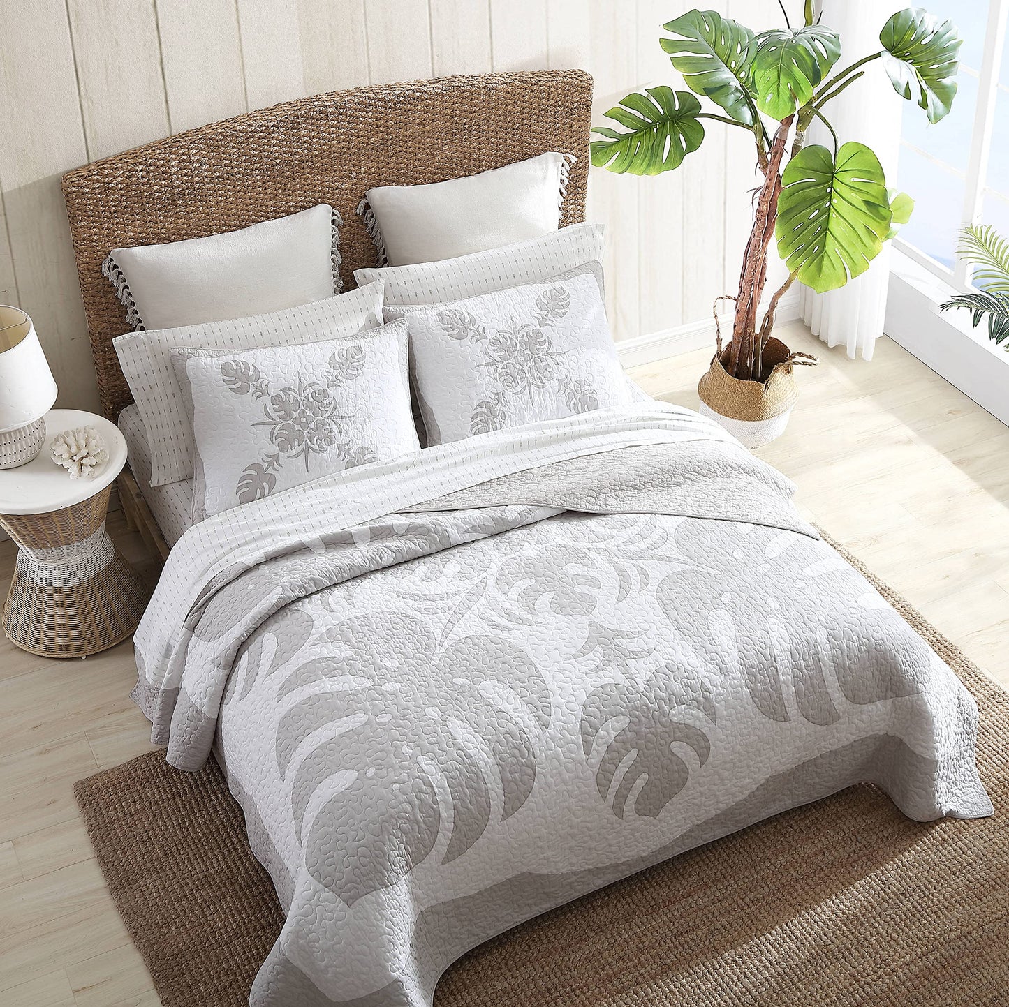 Tommy Bahama - Queen Quilt, Reversible Cotton Bedding, Floral Home Decor for All Seasons, Oeko-Tex Certified (Molokai Grey, Queen)