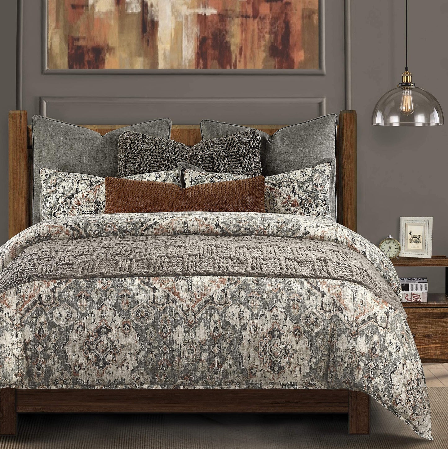 HiEnd Accents Carmen Kilim 3 Piece Comforter Set with Pillow Shams, Gray Medallion, Super King Size, Modern, Traditional, Rustic Style Luxury Bedding Set, 1 Comforter and 2 Pillowcases