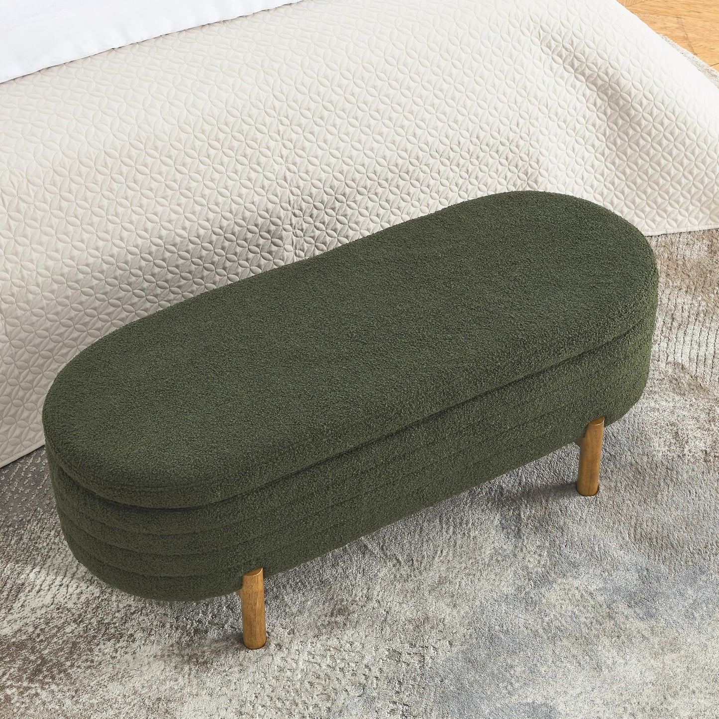 Niccae Teddy Velvet Oval Bedroom Storage Stool, Decorated and Soft Skin Friendly Teddy Fabric, Suitable for Entrance Benches, Living Rooms, Corridors, and Bed Ends (Green)