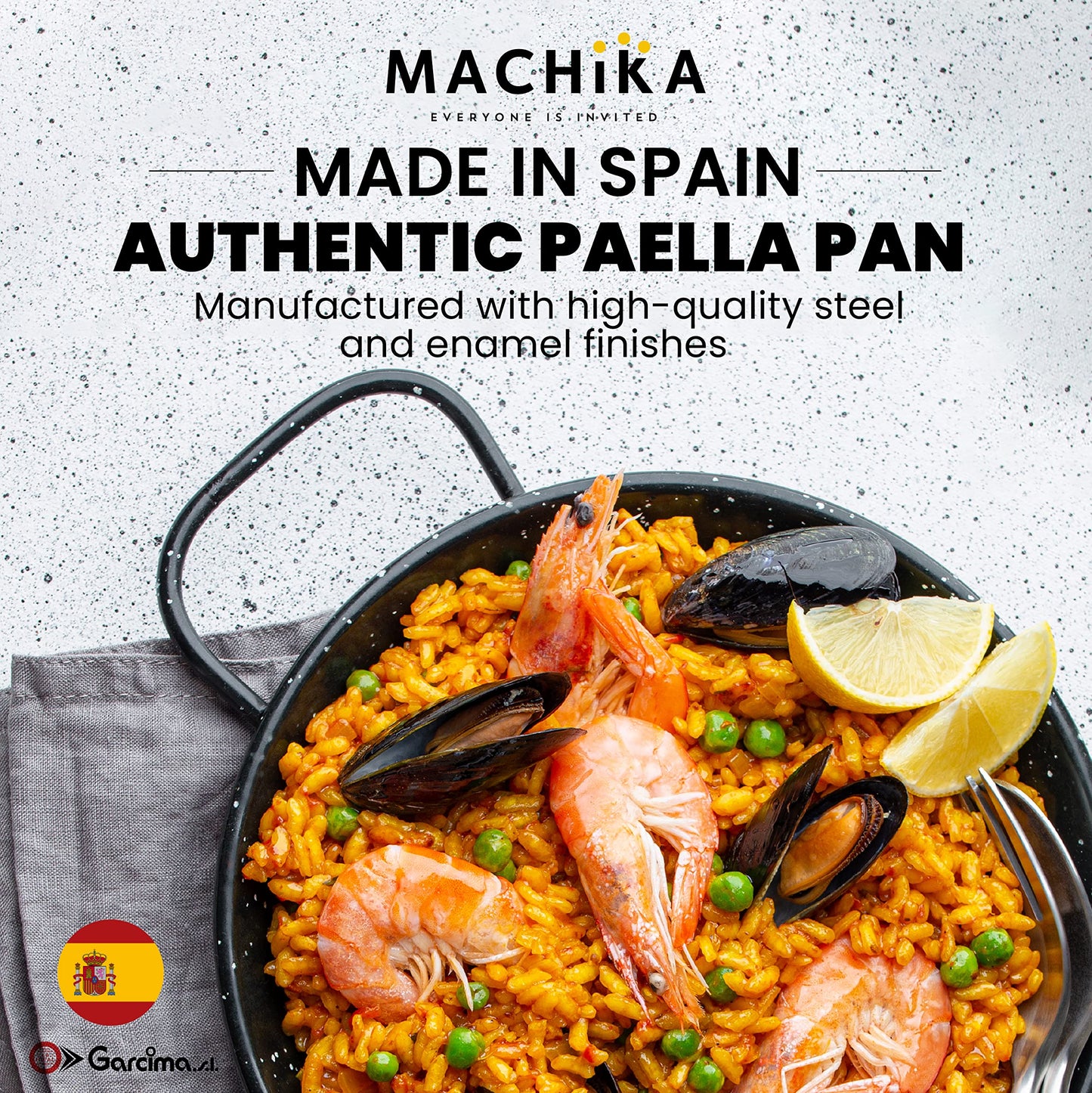 Machika Enamel Paella Pan | Paella Pan | Skillet for Paella and Rice Recipes | Perfect for Indoor & Outdoors | Easy Cleaning | Rust Proof Coating | 8 Servings | 15 inches |