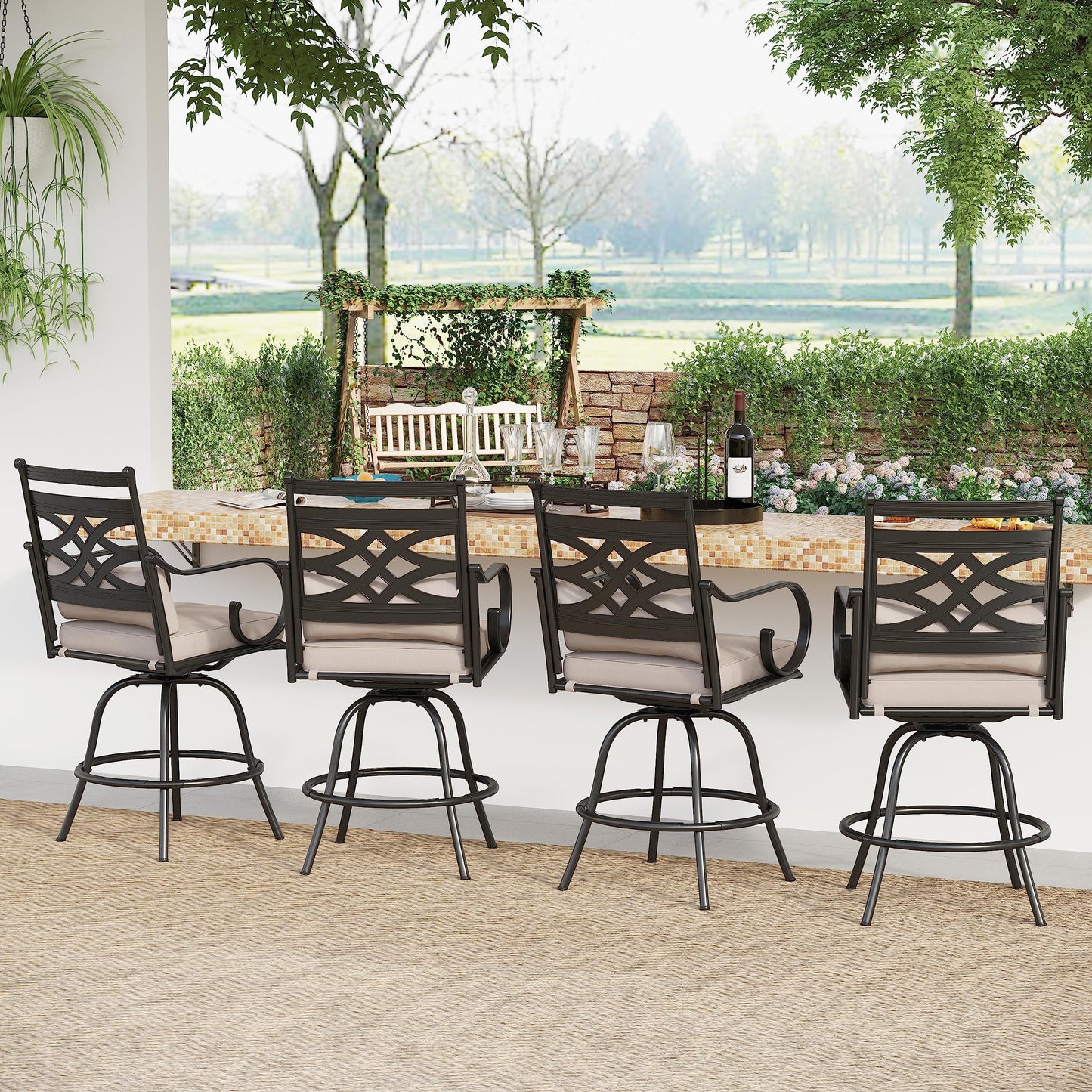 Sophia & William Patio Bar Stools Set of 4, Swivel Bar Chairs, High Dining Chairs with Seat Cushion