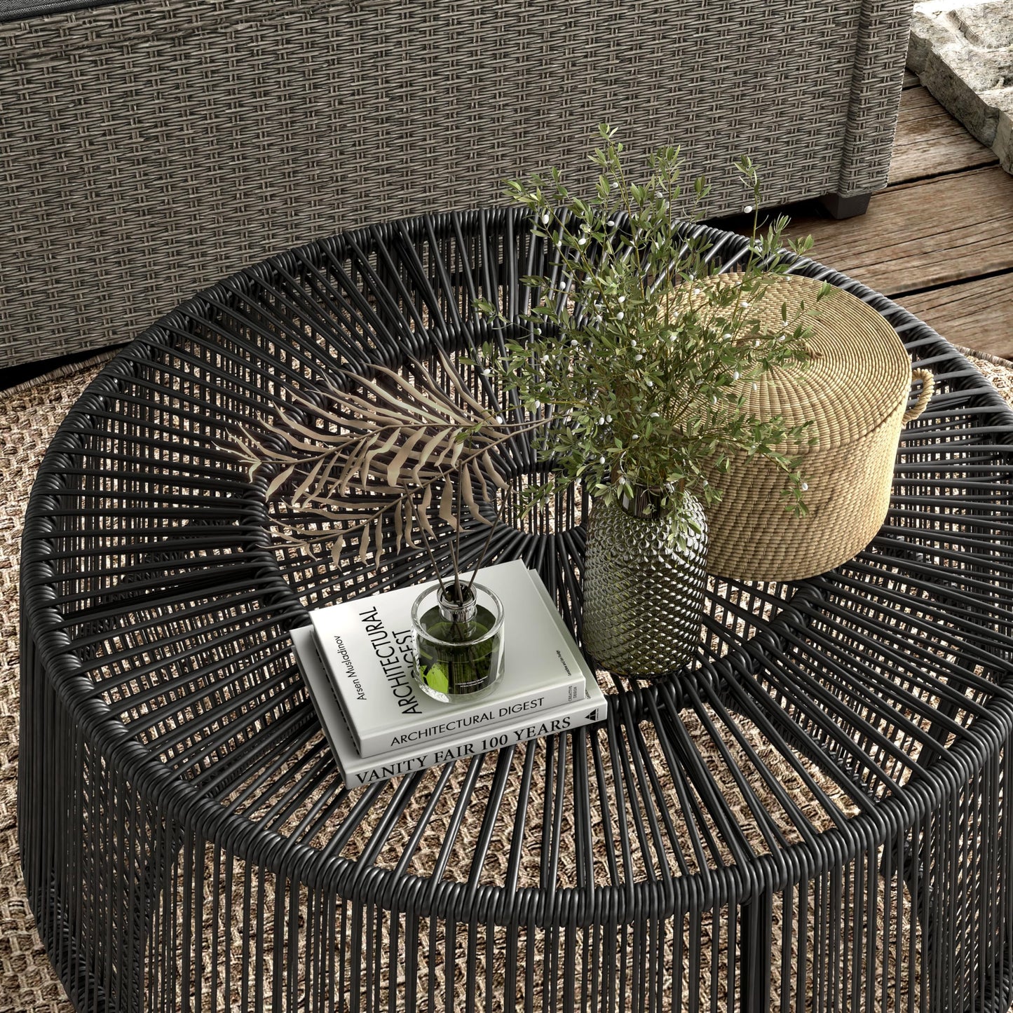 Muse & Lounge Co. Ysar Boho Rattan Round Coffee Table Outdoor with Metal Frame, All-Weather and Rust Resistant, Handcrafted Coastal Furniture for Patio, Poolside, Garden, Yard, Black