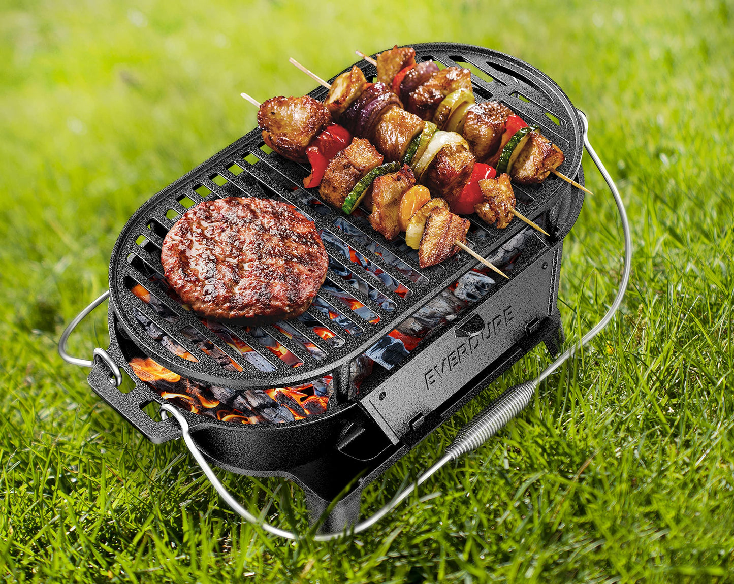 Everdure Oval Cast Iron Grill & Cover – Outdoor, Portable Charcoal Grill and Tabletop Cast Iron Skillet - 100% Cast Iron, Enameled, Durable, Small Charcoal Grill, Camping Stove, Hibachi Grill