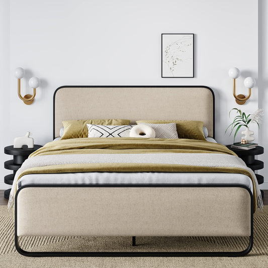 Allewie Queen Size Metal Bed Frame with Curved Upholstered Headboard and Footboard, Platform Bed Frame with Under Bed Storage, No Box Spring Needed, Vintage, Beige