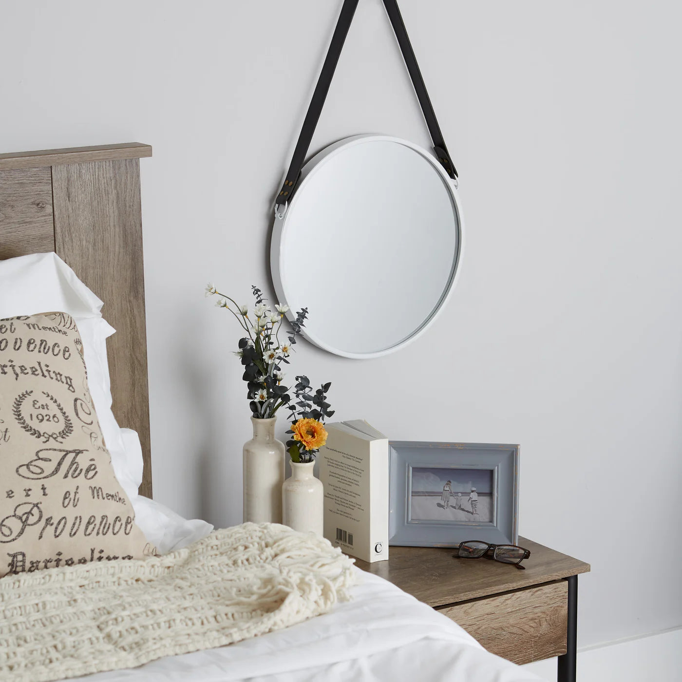 Hanging White Mirror with Faux Leather Strap