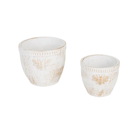 Gold Bee White Washed Cement Flower Pot Set